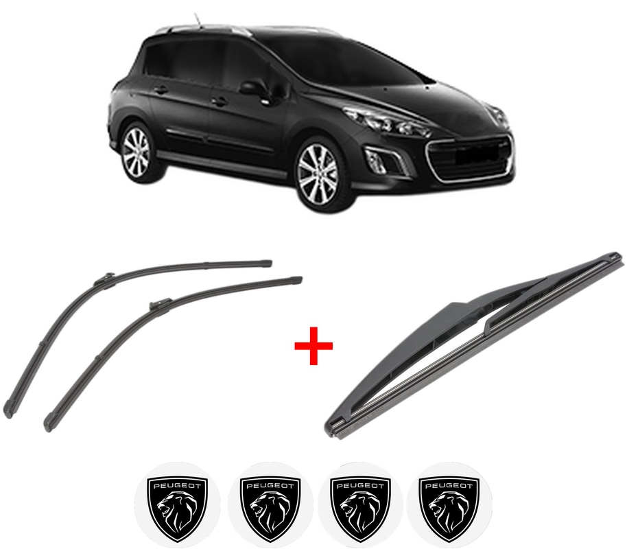 Set 3 stergatoare PEUGEOT 308 SW I Estate Van (4E_) din 2008 - 2012, pentru parbriz si luneta fata si spate auto, Valeo Silencio, din cauciuc siliconat rezistent, 4 Stickere Auto PEUGEOT