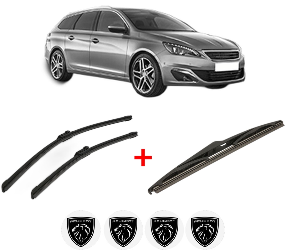 Set 3 stergatoare PEUGEOT 308 SW II (LC_, LJ_, LR_, LX_, L4_) din 2014 - 2021, pentru parbriz si luneta fata si spate auto, Bosch Twin, din cauciuc siliconat rezistent, 4 Stickere Auto PEUGEOT