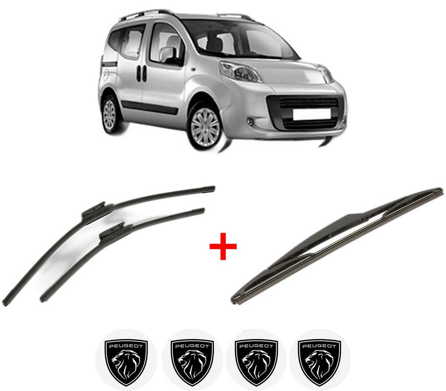Set 3 stergatoare PEUGEOT BIPPER TEPEE din 2008, pentru parbriz si luneta fata si spate auto, Bosch Twin, din cauciuc siliconat rezistent, 4 Stickere Auto PEUGEOT