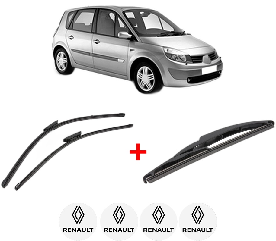 Set 3 stergatoare RENAULT SCENIC II (JM0/1_) din 2003 - 2009, pentru parbriz si luneta fata si spate auto, Valeo Silencio, din cauciuc siliconat rezistent, 4 Stickere Auto RENAULT