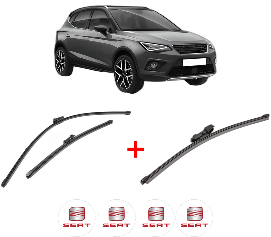 Set 3 stergatoare SEAT ARONA (KJ7, KJP) din 2017, pentru parbriz si luneta fata si spate auto, Valeo Silencio Xtrm, din cauciuc siliconat rezistent, 4 Stickere Auto SEAT