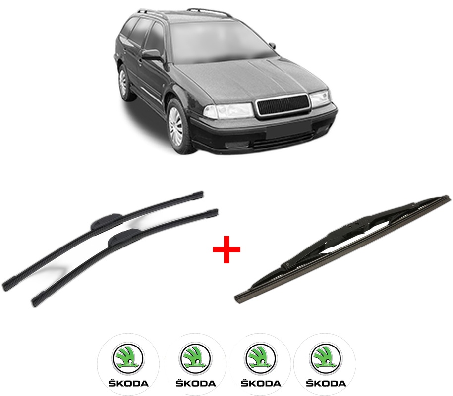 Set 3 stergatoare SKODA OCTAVIA I Estate Van (1U5) din 2000 - 2010, pentru parbriz si luneta fata si spate auto, Bosch Twin, din cauciuc siliconat rezistent, 4 Stickere Auto SKODA