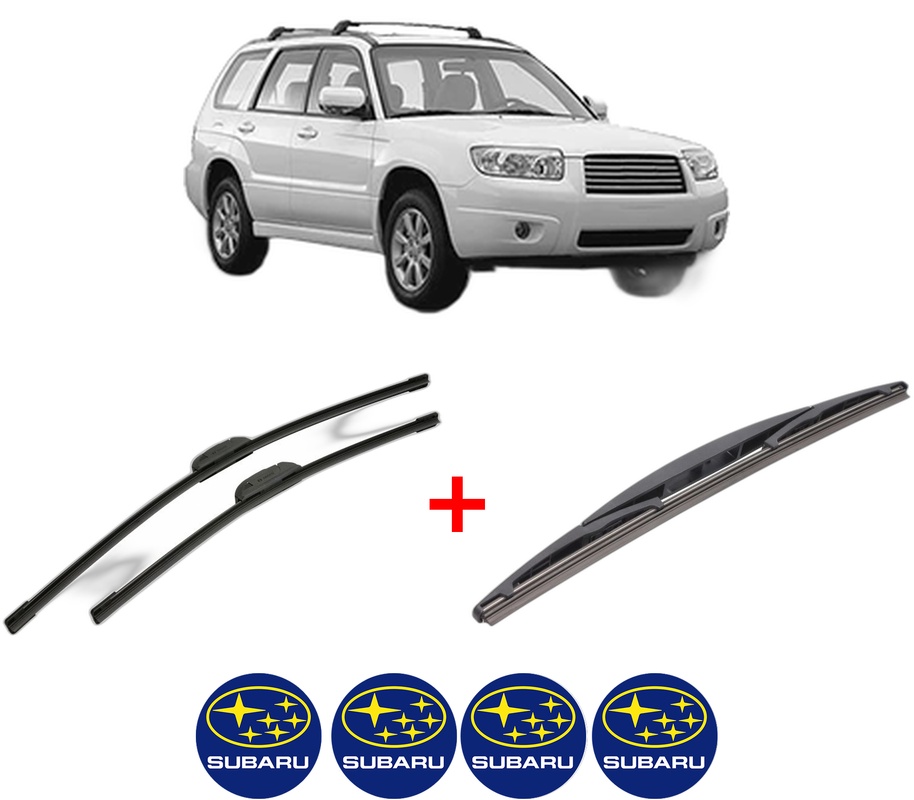Set 3 stergatoare SUBARU FORESTER (SH_) din 2008 - 2013, pentru parbriz si luneta fata si spate auto, Bosch Twin, din cauciuc siliconat rezistent, 4 Stickere Auto SUBARU