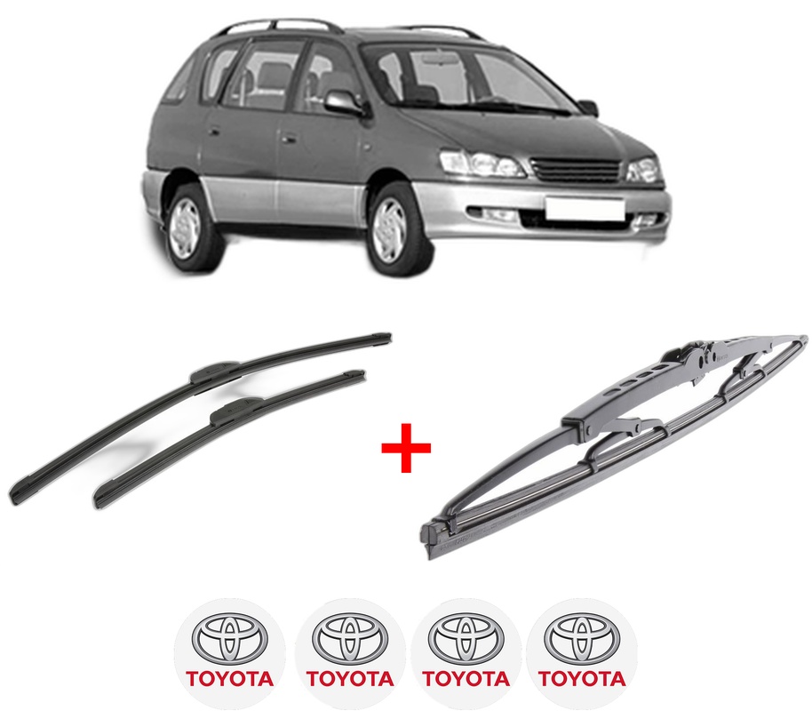 Set 3 stergatoare TOYOTA PICNIC (_XM1_) din 1996 - 2001, pentru parbriz si luneta fata si spate auto, Bosch Twin, din cauciuc siliconat rezistent, 4 Stickere Auto TOYOTA