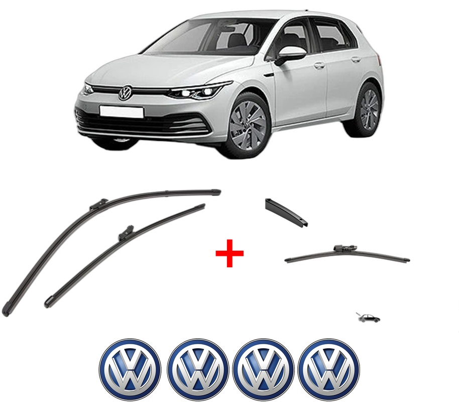 Set 3 stergatoare Volkswagen GOLF VIII (CD1, DA1) din 2019, pentru parbriz si luneta fata si spate auto, Valeo Silencio, din cauciuc siliconat rezistent, 4 Stickere Auto VW