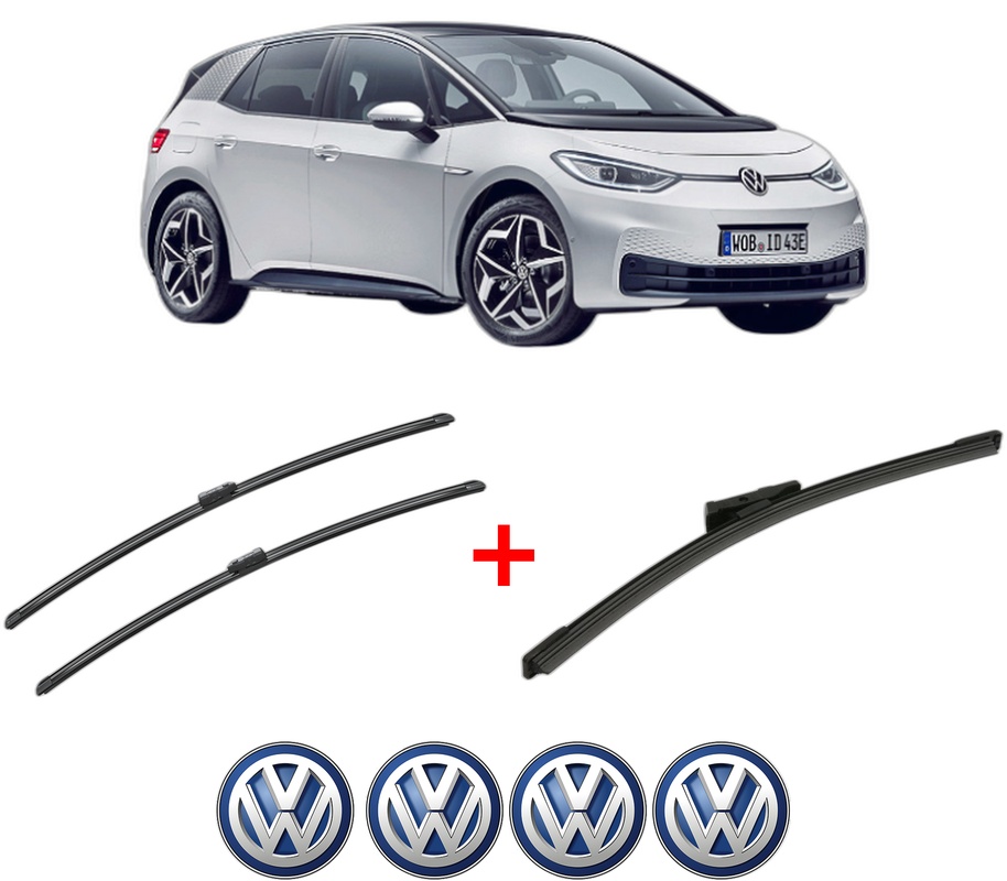 Set 3 stergatoare Volkswagen ID.3 (E11, E12) din 2019 - 2023, pentru parbriz si luneta fata si spate auto, Bosch Aerotwin, din cauciuc siliconat rezistent, 4 Stickere Auto VW