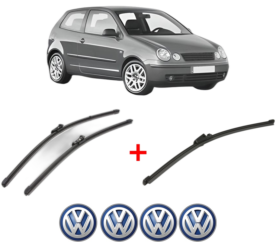 Set 3 stergatoare Volkswagen POLO IV (9N_, 9A_) din 2001 - 2009, pentru parbriz si luneta fata si spate auto, Valeo Silencio Xtrm, din cauciuc siliconat rezistent, 4 Stickere Auto VW
