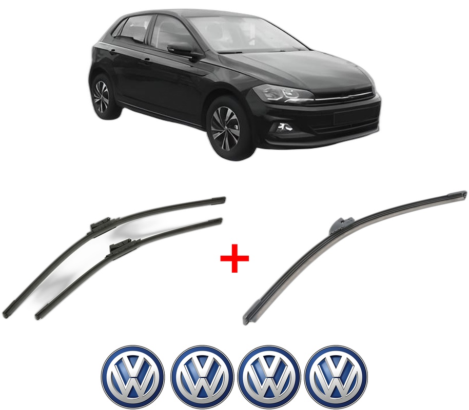 Set 3 stergatoare Volkswagen POLO VI (AW1, BZ1, AE1) din 2017 - 2021, pentru parbriz si luneta fata si spate auto, Bosch Aerotwin, din cauciuc siliconat rezistent, 4 Stickere Auto VW