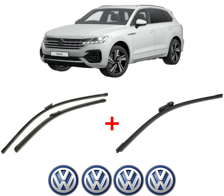 Set 3 stergatoare Volkswagen TOUAREG (CR7, RC8) din 2017 - 2023, pentru parbriz si luneta fata si spate auto, Bosch Aerotwin, din cauciuc siliconat rezistent, 4 Stickere Auto VW