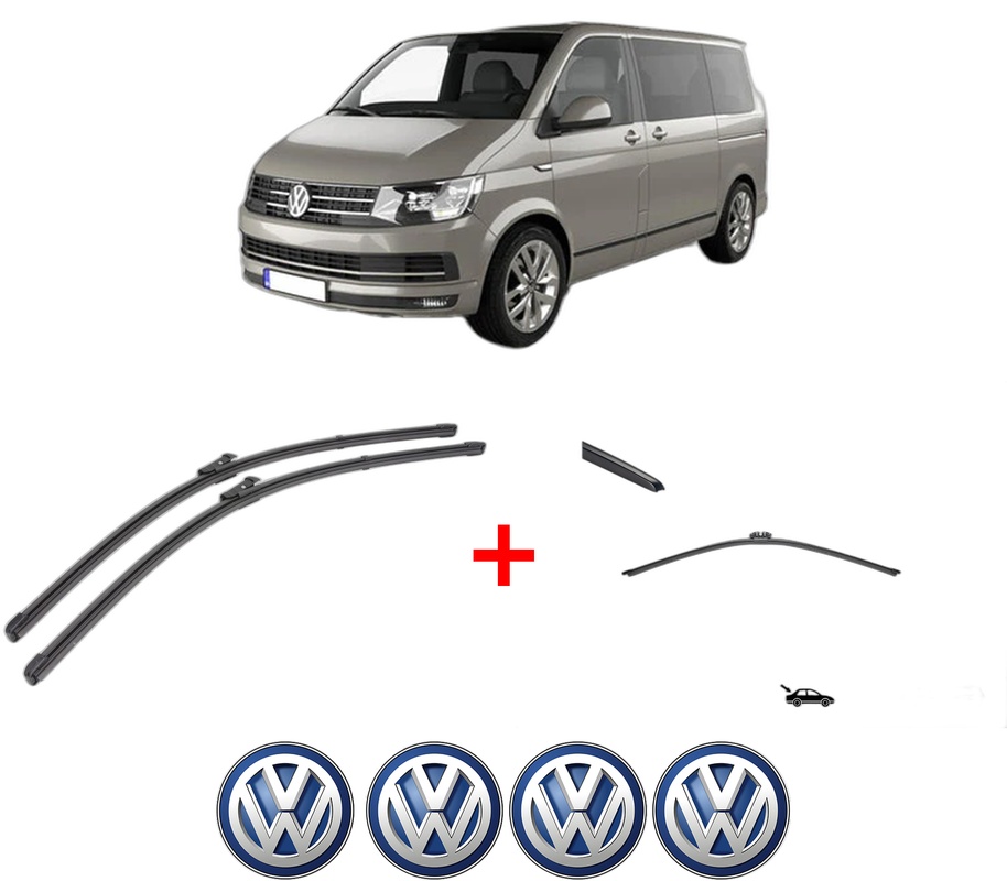 Set 3 stergatoare Volkswagen TRANSPORTER T5 Bus (7HB, 7HJ, 7EB, 7EJ) din 2003 - 2015, pentru parbriz si luneta fata si spate auto, Valeo Silencio, din cauciuc siliconat rezistent, 4 Stickere Auto VW