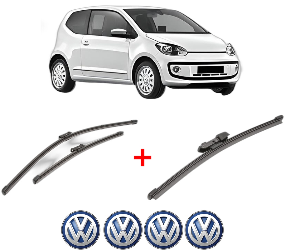 Set 3 stergatoare Volkswagen UP! (121, 122, BL1, BL2, BL3, 123) din 2011 - 2023, pentru parbriz si luneta fata si spate auto, Valeo Silencio Xtrm, din cauciuc siliconat rezistent, 4 Stickere Auto VW