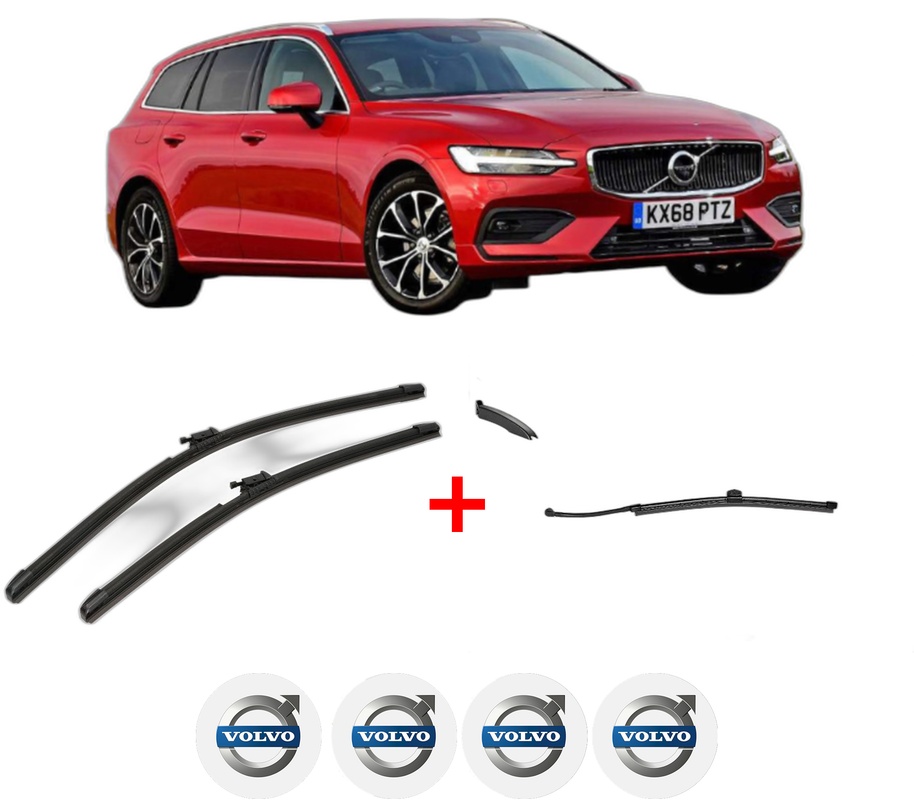 Set 3 stergatoare VOLVO V60 II (225) din 2018 - 2022, pentru parbriz si luneta fata si spate auto, Valeo AquaBlade, din cauciuc siliconat rezistent, 4 Stickere Auto VOLVO