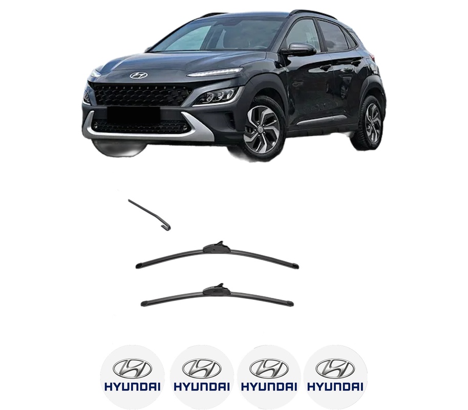Set stergatoare auto HYUNDAI KONA SUV Van (OS, OSE, OSI) din 2017-2019, pentru parbriz auto, 2 bucati, Valeo Silencio, din cauciuc siliconat rezistent, 4 Stickere Auto HYUNDAI