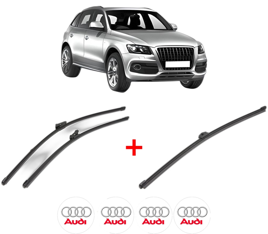 Set 3 stergatoare AUDI Q5 (8RB) din 2008 - 2017, pentru parbriz si luneta fata si spate auto, Valeo Silencio Xtrm, din cauciuc siliconat rezistent, 4 Stickere Auto AUDI