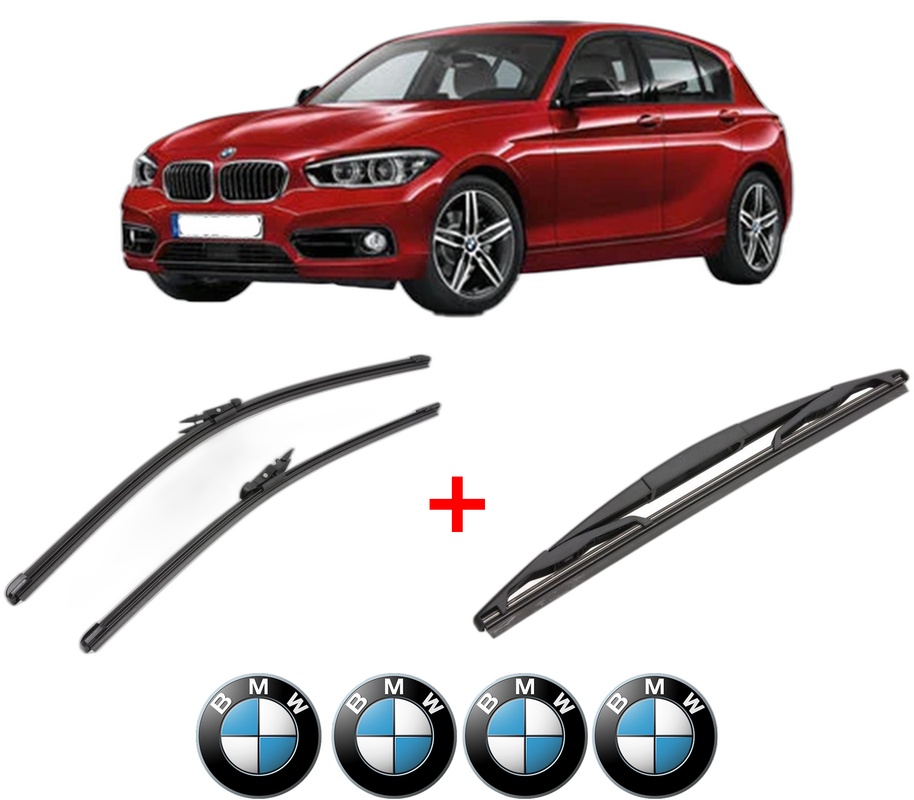 Set 3 stergatoare BMW Seria 1 (F20) din 2011 - 2019, pentru parbriz si luneta fata si spate auto, Valeo Silencio, din cauciuc siliconat rezistent, 4 Stickere Auto BMW