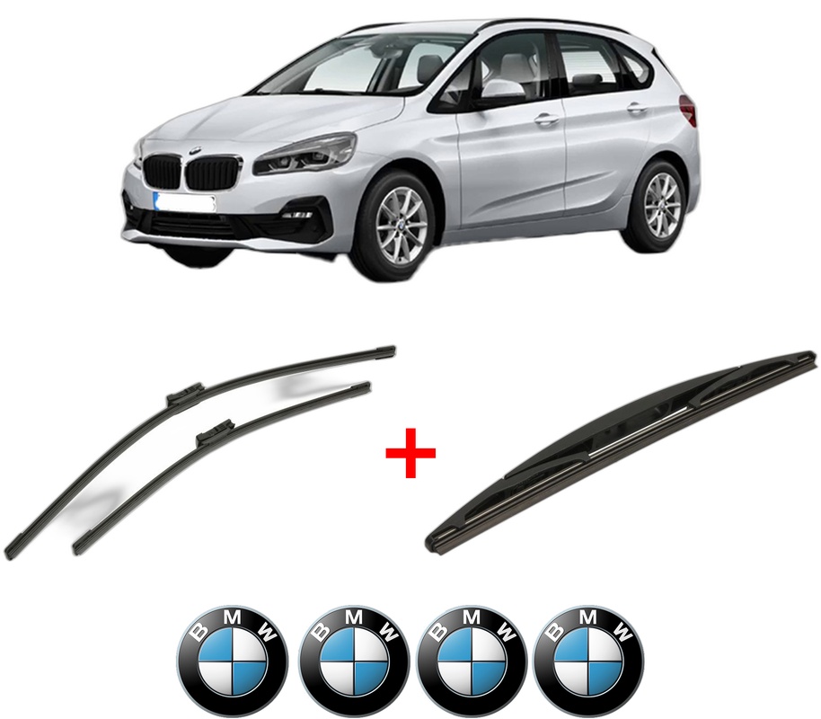 Set 3 stergatoare BMW Seria 2 Active Tourer (F45) din 2013 - 2021, pentru parbriz si luneta fata si spate auto, Bosch Twin, din cauciuc siliconat rezistent, 4 Stickere Auto BMW