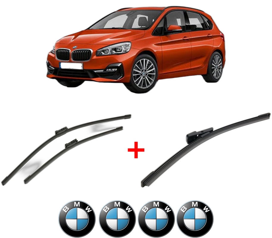 Set 3 stergatoare BMW Seria 2 Gran Tourer (F46) din 2014 - 2018, pentru parbriz si luneta fata si spate auto, Bosch Aerotwin, din cauciuc siliconat rezistent, 4 Stickere Auto BMW