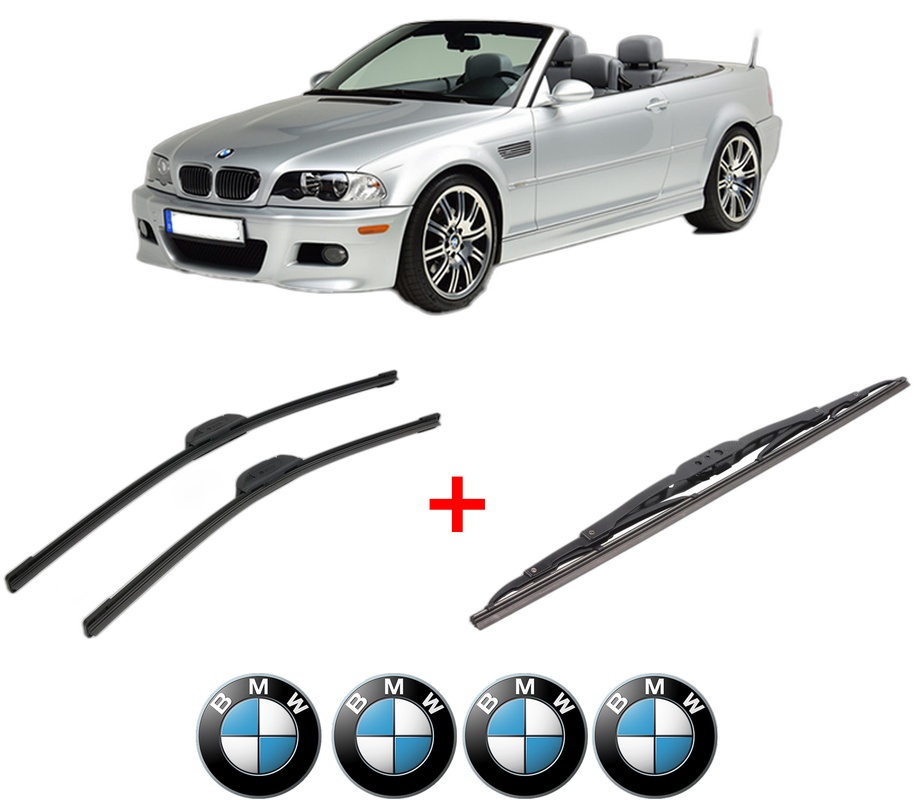 Set 3 stergatoare BMW Seria 3 Compact (E46) din 2001 - 2005, pentru parbriz si luneta fata si spate auto, Bosch Twin, din cauciuc siliconat rezistent, 4 Stickere Auto BMW