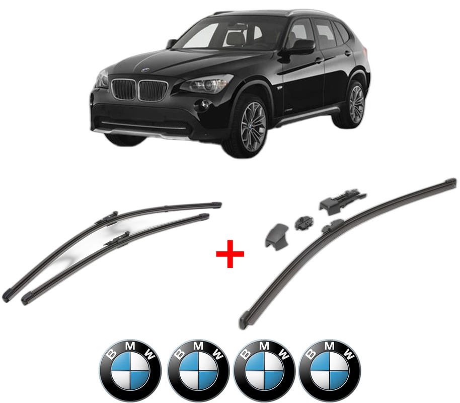 Set 3 stergatoare BMW Seria X1 (E84) din 2009 - 2015, pentru parbriz si luneta fata si spate auto, Valeo HydroConnect, din cauciuc siliconat rezistent, 4 Stickere Auto BMW