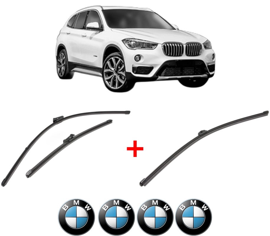 Set 3 stergatoare BMW Seria X1 Van (F48) din 2015 - 2022, pentru parbriz si luneta fata si spate auto, Valeo Silencio Xtrm, din cauciuc siliconat rezistent, 4 Stickere Auto BMW