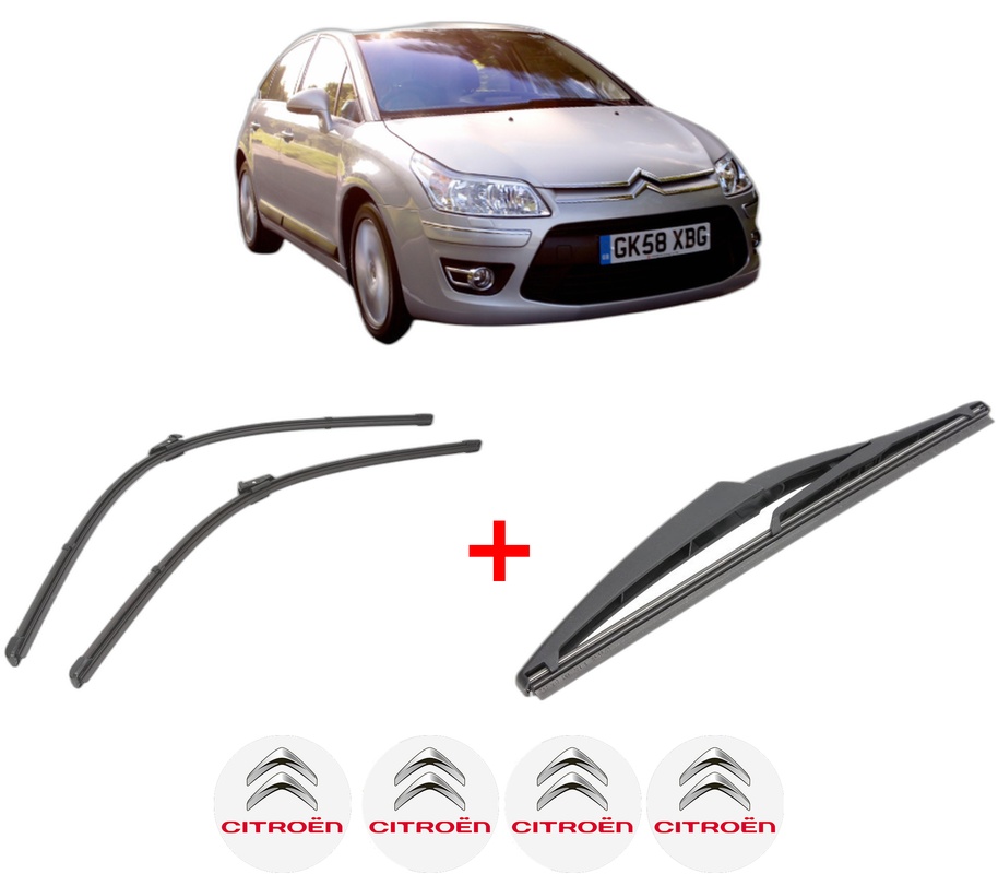 Set 3 stergatoare CITROEN C4 II (NC_) din 2009 - 2018, pentru parbriz si luneta fata si spate auto, Valeo Silencio, din cauciuc siliconat rezistent, 4 Stickere Auto CITROEN