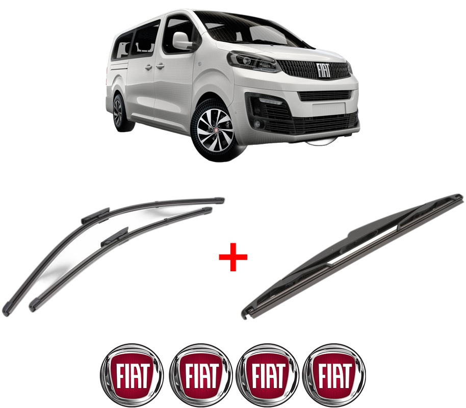 Set 3 stergatoare FIAT ULYSSE Bus din 2022 - 2023, pentru parbriz si luneta fata si spate auto, Valeo Silencio, din cauciuc siliconat rezistent, 4 Stickere Auto FIAT