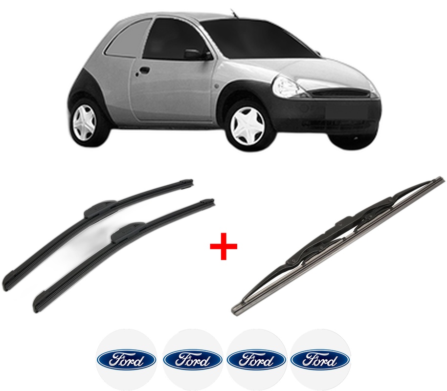Set 3 stergatoare FORD KA Van (RB) din 2002 - 2005, pentru parbriz si luneta fata si spate auto, Bosch Twin, din cauciuc siliconat rezistent, 4 Stickere Auto FORD