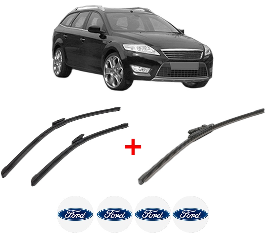 Set 3 stergatoare FORD MONDEO IV (BA7) din 2007 - 2015, pentru parbriz si luneta fata si spate auto, Bosch Aerotwin, din cauciuc siliconat rezistent, 4 Stickere Auto FORD