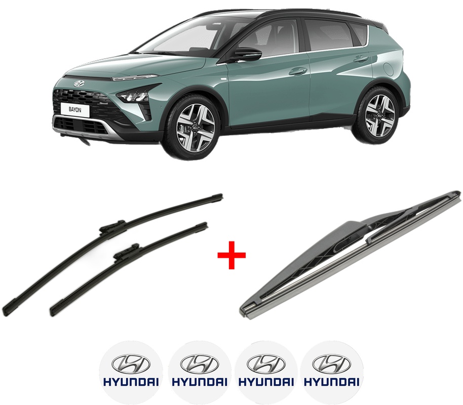 Set 3 stergatoare HYUNDAI BAYON (BC3) din 2021, pentru parbriz si luneta fata si spate auto, Bosch Twin, din cauciuc siliconat rezistent, 4 Stickere Auto HYUNDAI