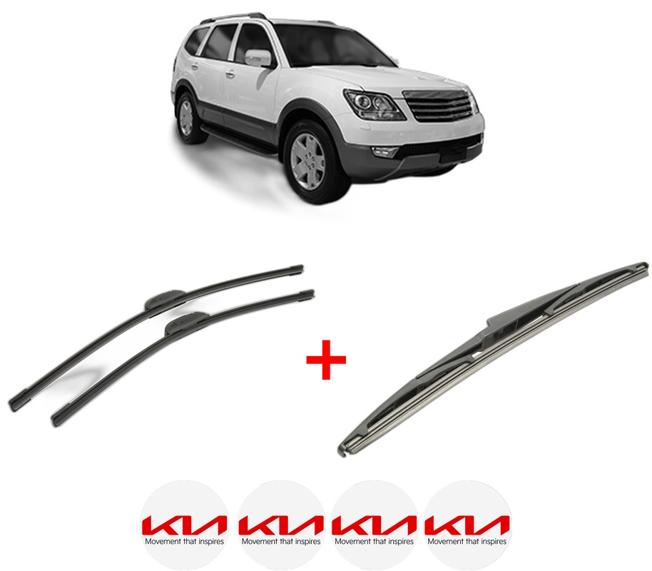 Set 3 stergatoare KIA BORREGO (HM) din 2007, pentru parbriz si luneta fata si spate auto, Bosch Twin, din cauciuc siliconat rezistent, 4 Stickere Auto KIA