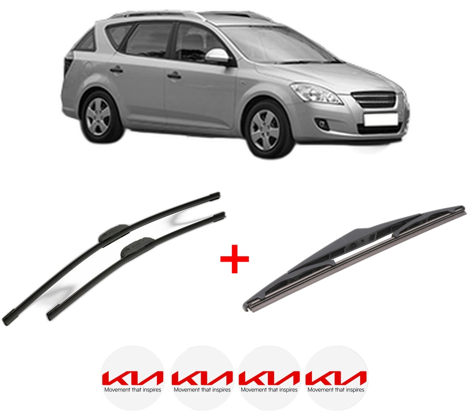 Set 3 stergatoare KIA CEE'D SW (ED) din 2007 - 2012, pentru parbriz si luneta fata si spate auto, Bosch Twin, din cauciuc siliconat rezistent, 4 Stickere Auto KIA