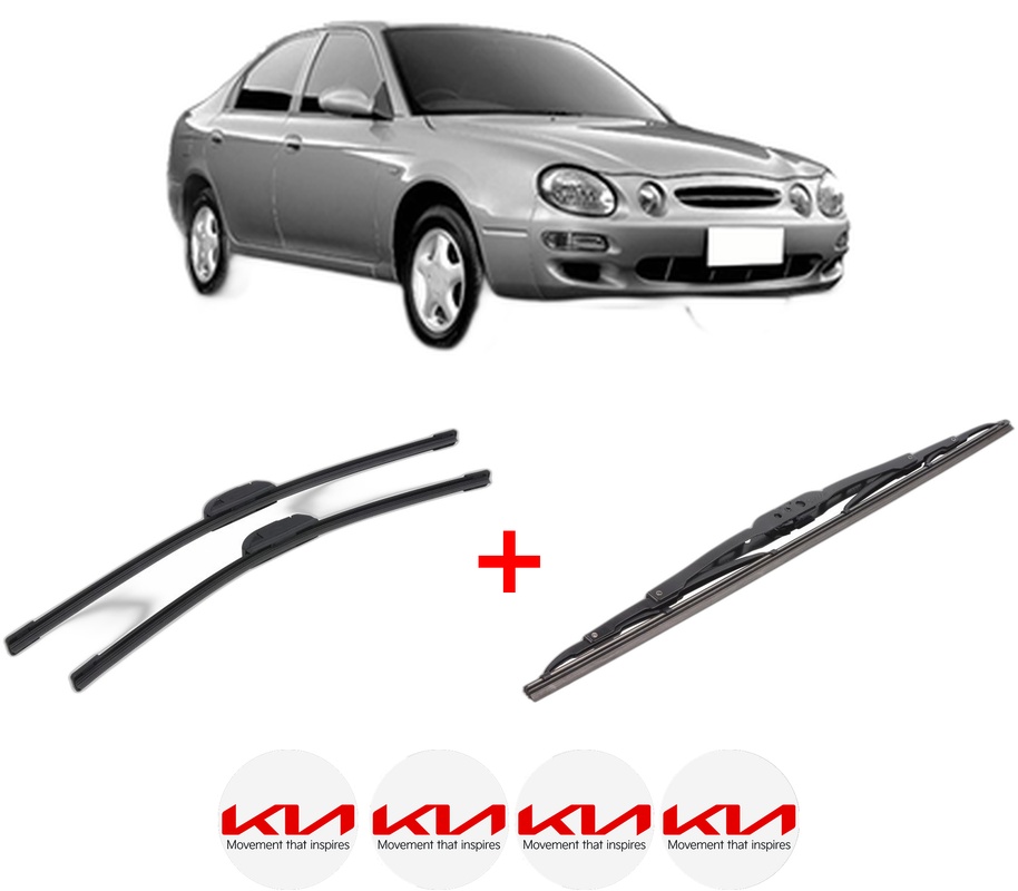 Set 3 stergatoare KIA SHUMA I (FB) din 1997 - 2001, pentru parbriz si luneta fata si spate auto, Bosch Twin, din cauciuc siliconat rezistent, 4 Stickere Auto KIA