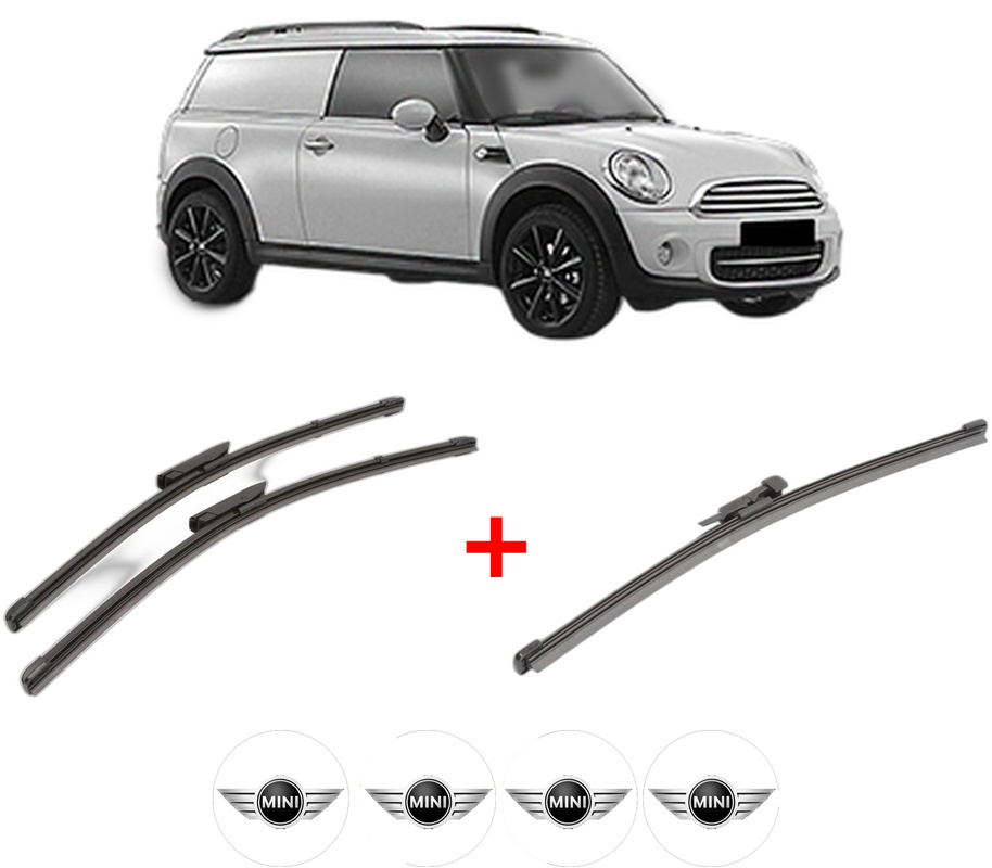 Set 3 stergatoare MINI MINI CLUBVAN (R55) din 2012 - 2014, pentru parbriz si luneta fata si spate auto, Valeo Silencio Xtrm, din cauciuc siliconat rezistent, 4 Stickere Auto MINI