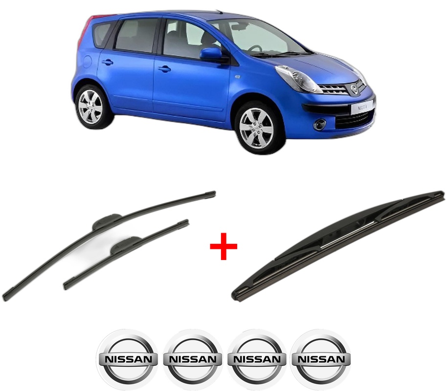 Set 3 stergatoare NISSAN NOTE (E11, NE11) din 2006 - 2013, pentru parbriz si luneta fata si spate auto, Bosch Twin, din cauciuc siliconat rezistent, 4 Stickere Auto NISSAN