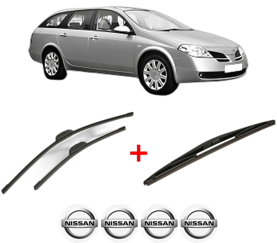 Set 3 stergatoare NISSAN PRIMERA Estate (WP12) din 2002 - 2007, pentru parbriz si luneta fata si spate auto, Bosch Twin, din cauciuc siliconat rezistent, 4 Stickere Auto NISSAN