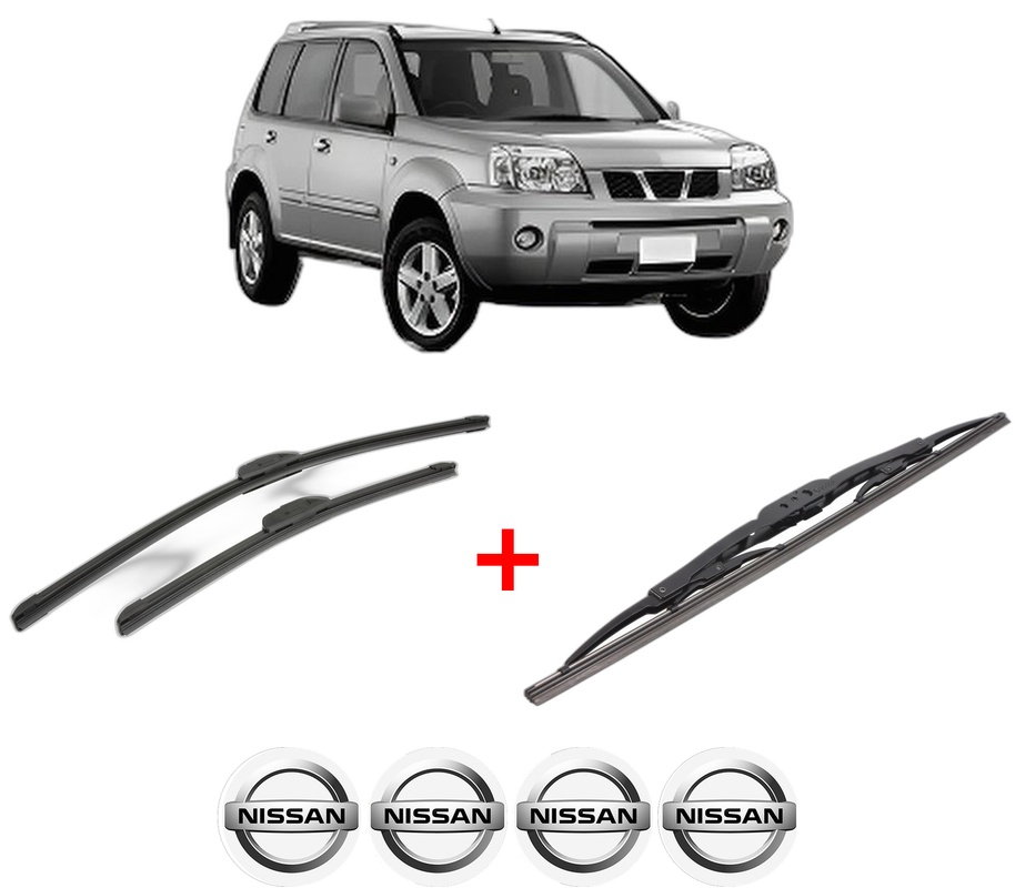 Set 3 stergatoare NISSAN X-TRAIL I (T30) din 2001 - 2013, pentru parbriz si luneta fata si spate auto, Bosch Twin, din cauciuc siliconat rezistent, 4 Stickere Auto NISSAN