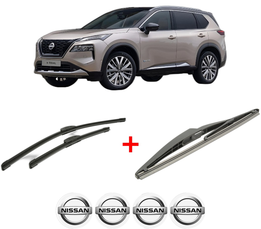 Set 3 stergatoare NISSAN X-TRAIL IV (T33) din 2022, pentru parbriz si luneta fata si spate auto, Bosch Twin, din cauciuc siliconat rezistent, 4 Stickere Auto NISSAN