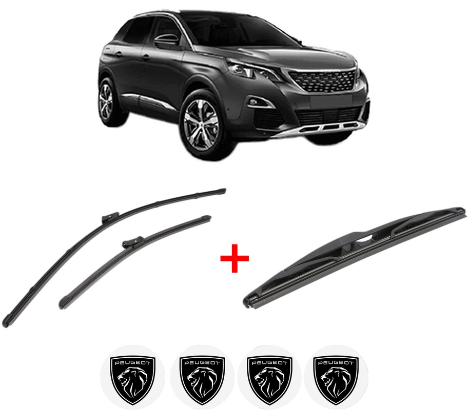 Set 3 stergatoare PEUGEOT 3008 Van (MR_, MC_, MJ_) din 2016, pentru parbriz si luneta fata si spate auto, Valeo Silencio, din cauciuc siliconat rezistent, 4 Stickere Auto PEUGEOT