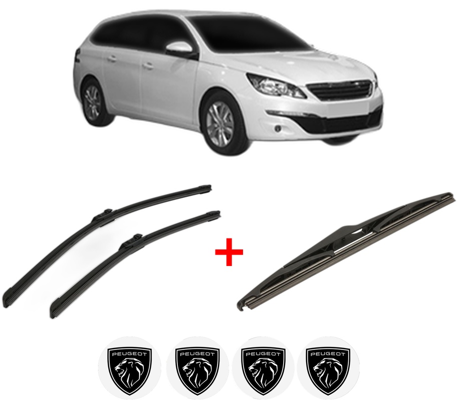 Set 3 stergatoare PEUGEOT 308 SW II Estate Van (LC_) din 2014 - 2021, pentru parbriz si luneta fata si spate auto, Bosch Twin, din cauciuc siliconat rezistent, 4 Stickere Auto PEUGEOT