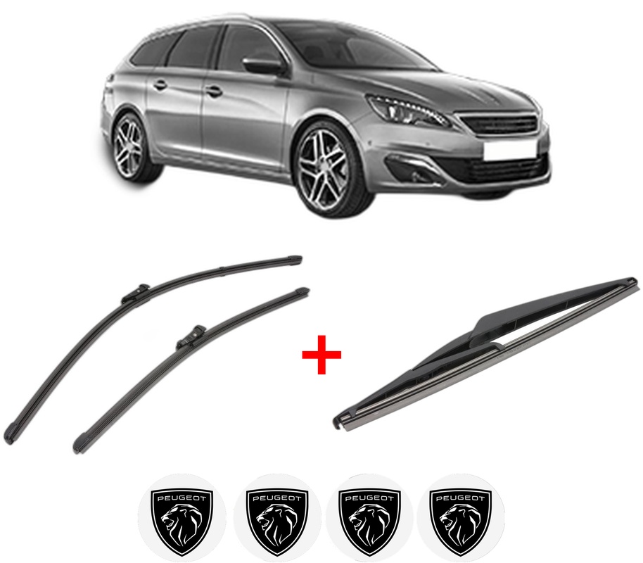 Set 3 stergatoare PEUGEOT 308 SW II (LC_, LJ_, LR_, LX_, L4_) din 2014 - 2021, pentru parbriz si luneta fata si spate auto, Valeo Silencio, din cauciuc siliconat rezistent, 4 Stickere Auto PEUGEOT