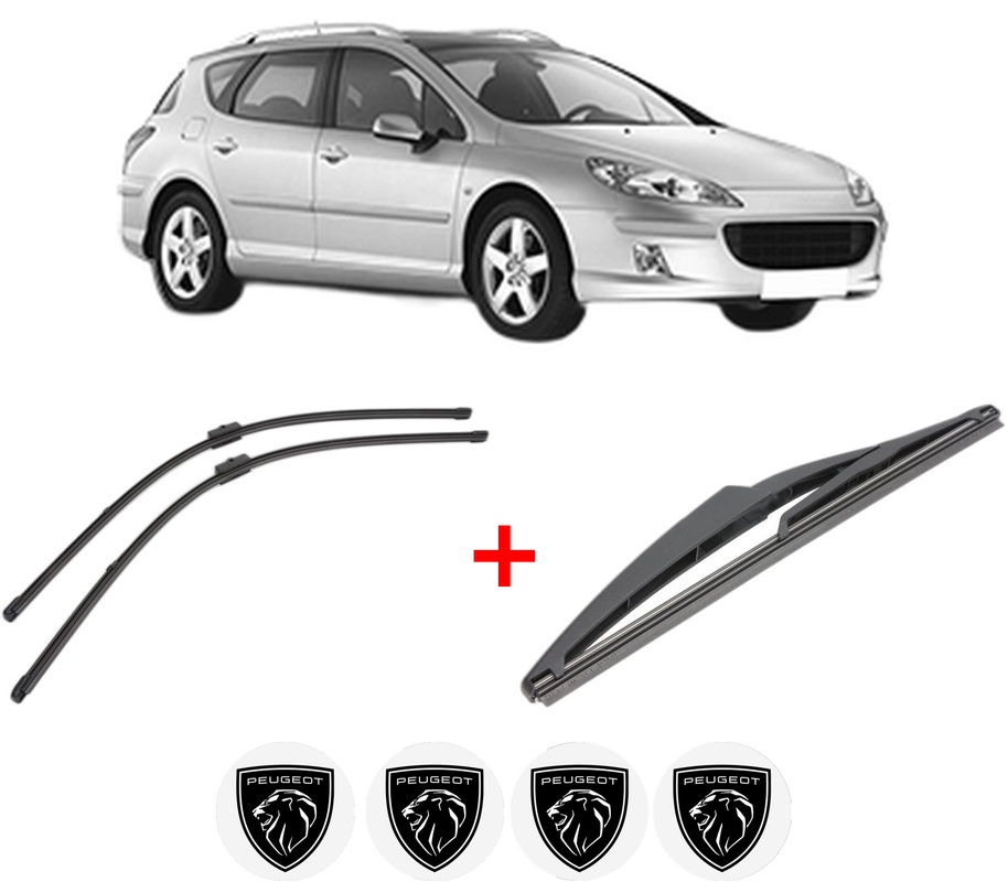 Set 3 stergatoare PEUGEOT 407 SW (6E_, 6D_) din 2004 - 2010, pentru parbriz si luneta fata si spate auto, Valeo Silencio, din cauciuc siliconat rezistent, 4 Stickere Auto PEUGEOT