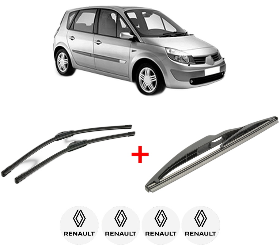 Set 3 stergatoare RENAULT SCENIC II (JM0/1_) din 2003 - 2009, pentru parbriz si luneta fata si spate auto, Bosch Twin, din cauciuc siliconat rezistent, 4 Stickere Auto RENAULT