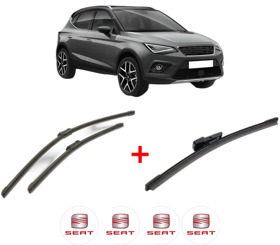 Set 3 stergatoare SEAT ARONA (KJ7, KJP) din 2017, pentru parbriz si luneta fata si spate auto, Bosch Aerotwin, din cauciuc siliconat rezistent, 4 Stickere Auto SEAT