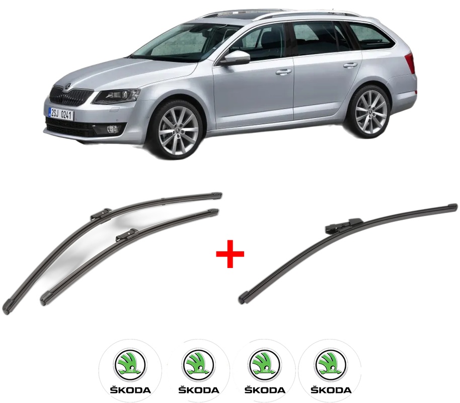 Set 3 stergatoare SKODA OCTAVIA III Combi (5E5, 5E6) din 2012 - 2020, pentru parbriz si luneta fata si spate auto, Valeo Silencio Xtrm, din cauciuc siliconat rezistent, 4 Stickere Auto SKODA
