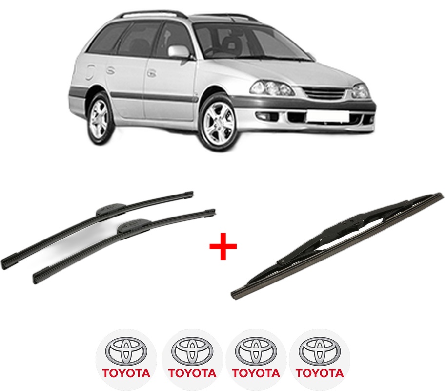 Set 3 stergatoare TOYOTA AVENSIS Estate (_T22_) din 1997 - 2003, pentru parbriz si luneta fata si spate auto, Bosch Twin, din cauciuc siliconat rezistent, 4 Stickere Auto TOYOTA