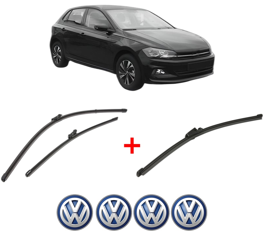 Set 3 stergatoare Volkswagen POLO VI (AW1, BZ1, AE1) din 2017 - 2021, pentru parbriz si luneta fata si spate auto, Valeo Silencio Xtrm, din cauciuc siliconat rezistent, 4 Stickere Auto VW