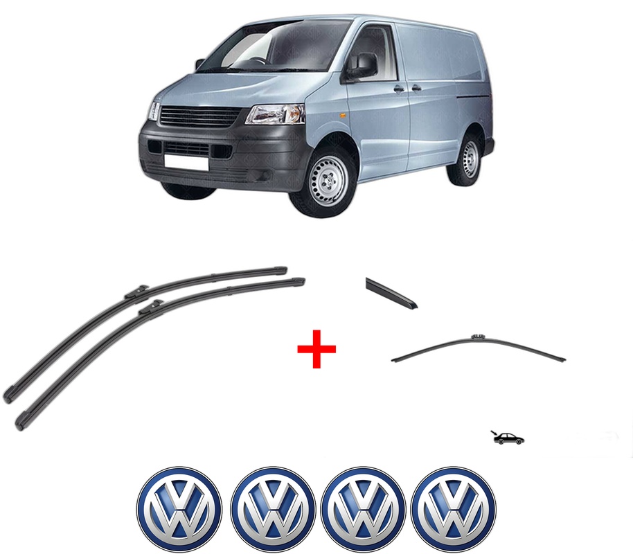 Set 3 stergatoare Volkswagen TRANSPORTER T5 Van (7HA, 7HH, 7EA, 7EH) din 2003 - 2015, pentru parbriz si luneta fata si spate auto, Valeo Silencio, din cauciuc siliconat rezistent, 4 Stickere Auto VW