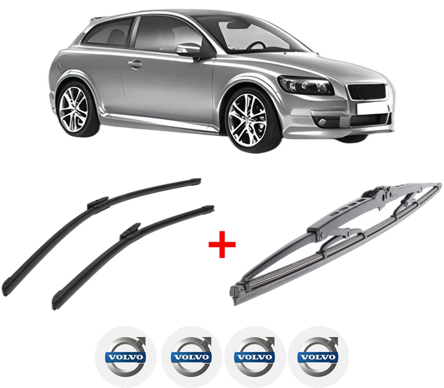 Set 3 stergatoare VOLVO C30 (533) din 2006 - 2012, pentru parbriz si luneta fata si spate auto, Bosch Twin, din cauciuc siliconat rezistent, 4 Stickere Auto VOLVO
