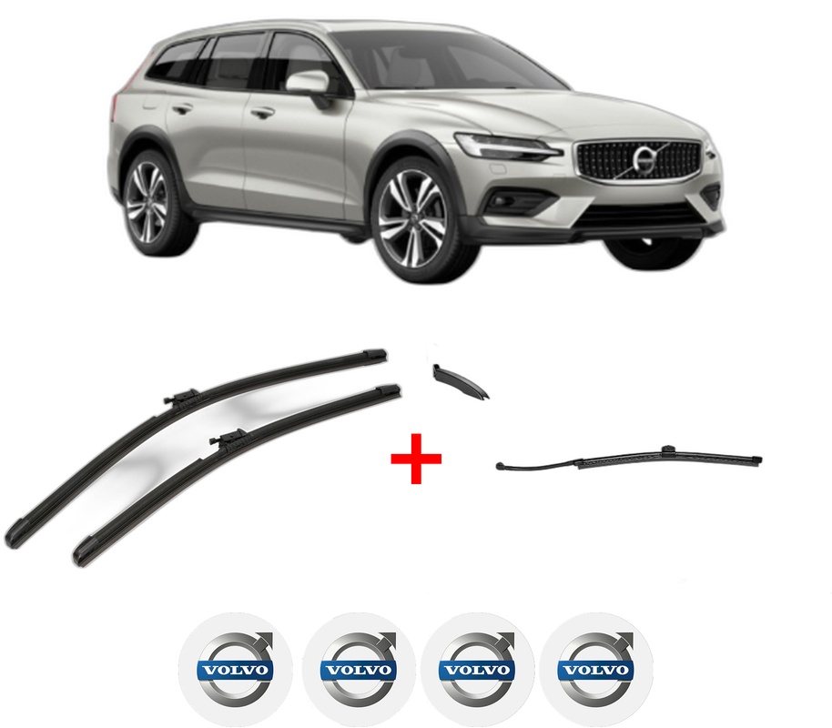 Set 3 stergatoare VOLVO V60 II Cross Country (227) din 2018 - 2021, pentru parbriz si luneta fata si spate auto, Valeo AquaBlade, din cauciuc siliconat rezistent, 4 Stickere Auto VOLVO