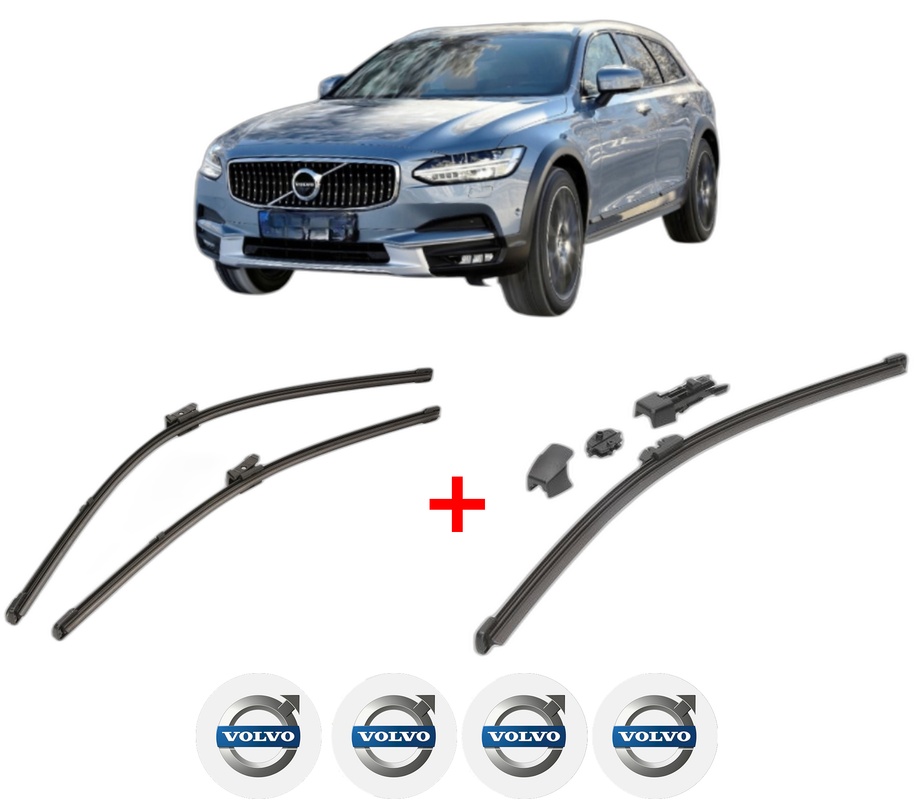 Set 3 stergatoare VOLVO V90 II Cross Country (236) din 2016 - 2021, pentru parbriz si luneta fata si spate auto, Valeo HydroConnect, din cauciuc siliconat rezistent, 4 Stickere Auto VOLVO